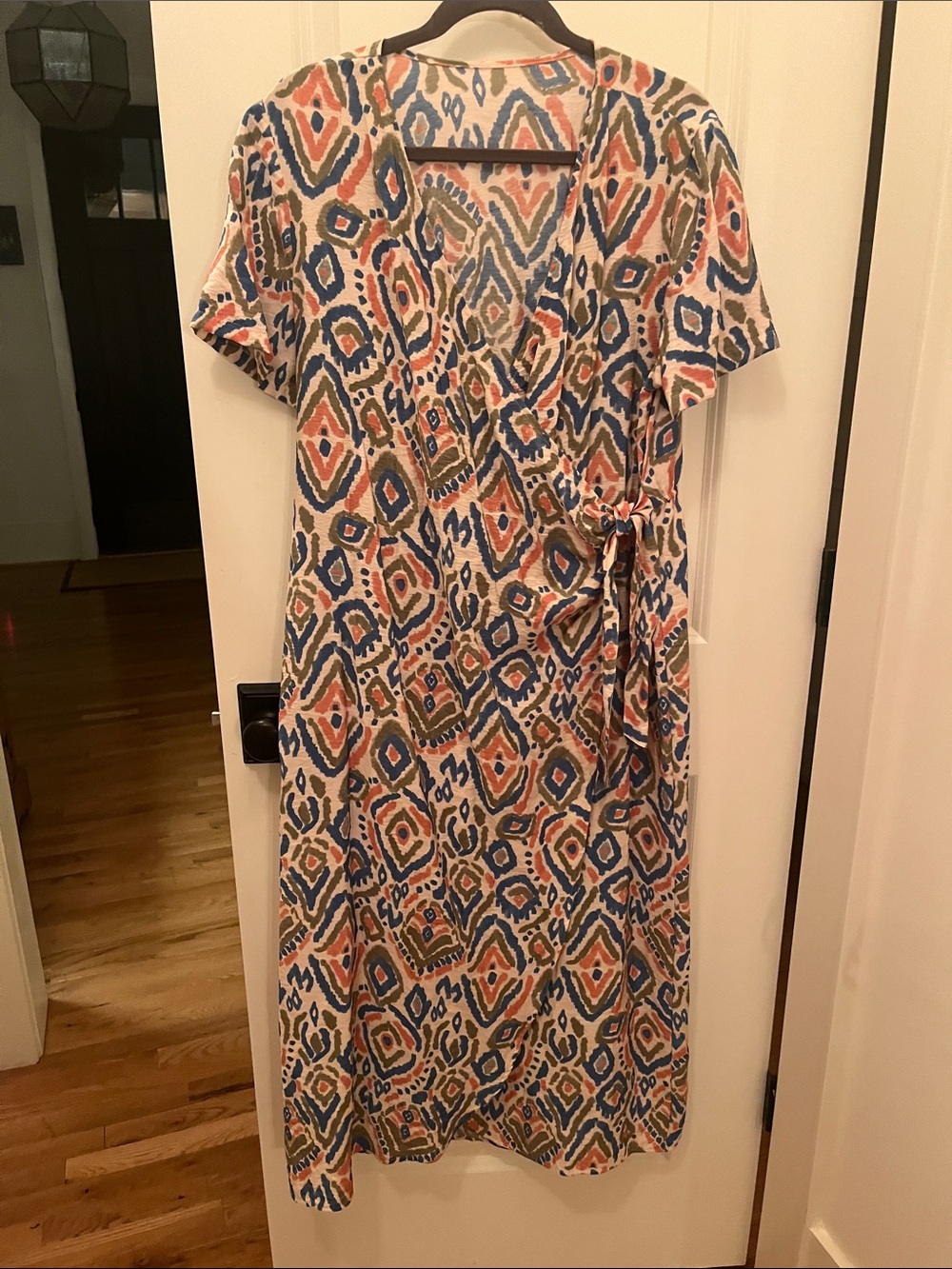 Wrap-Style Short Sleeve Dress in Blue and Coral Ikat